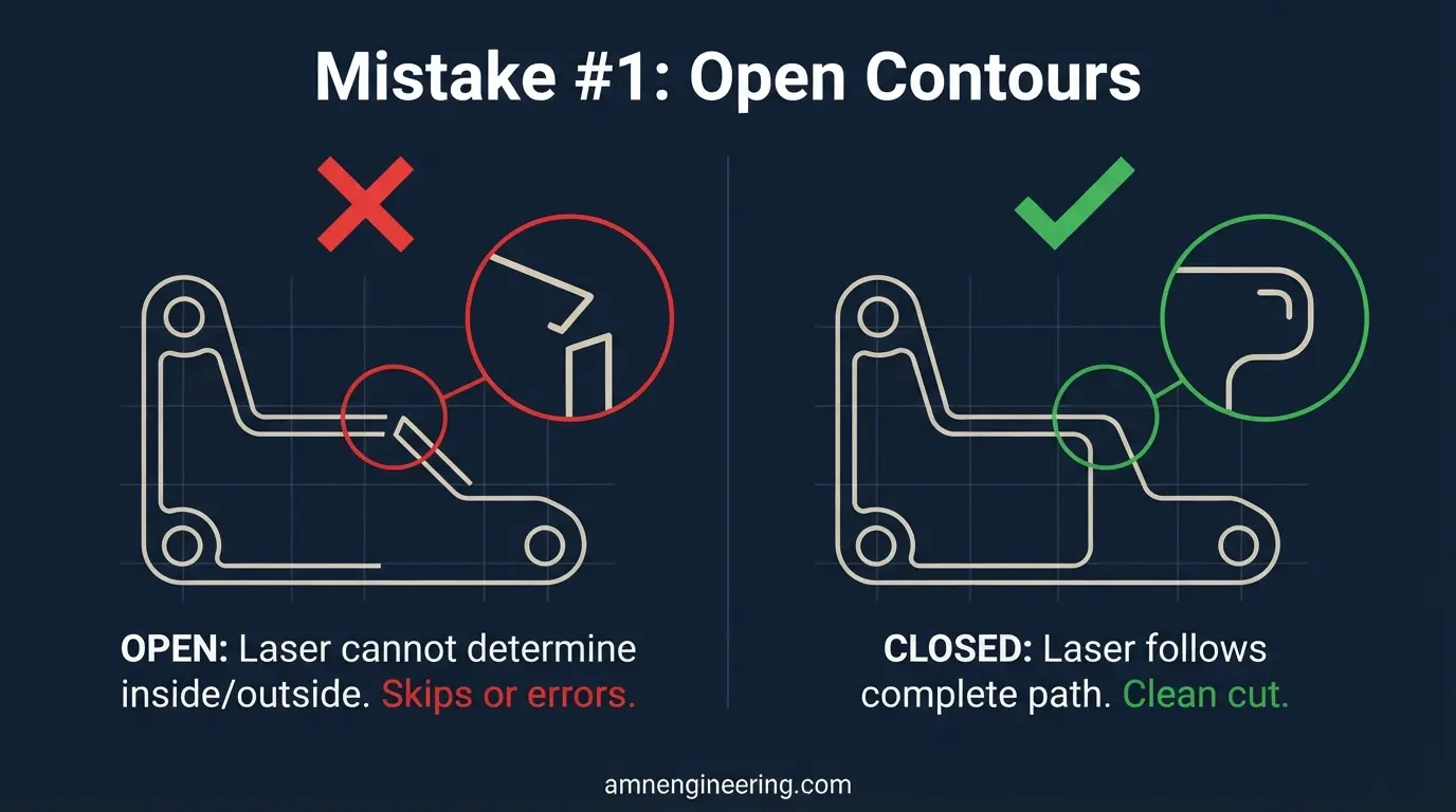 Diagram comparing an open contour with a visible gap between line segments against a closed polyline with all endpoints joined